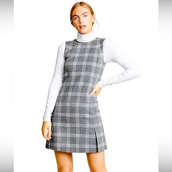 Theory Vent Front Shift Wool Melange Gray Plaid Sleeveless Dress Size 6 - Picture 1 of 15